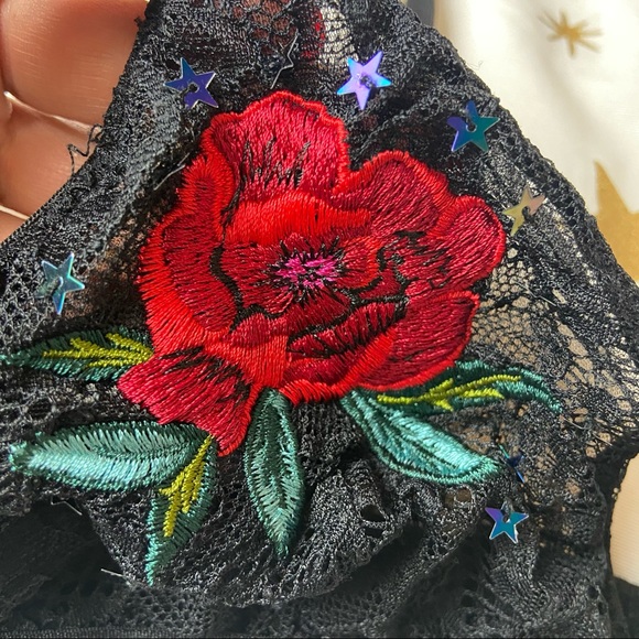 Embroidered Rose Sequin Star Black Lace Bralette S - Picture 2 of 4